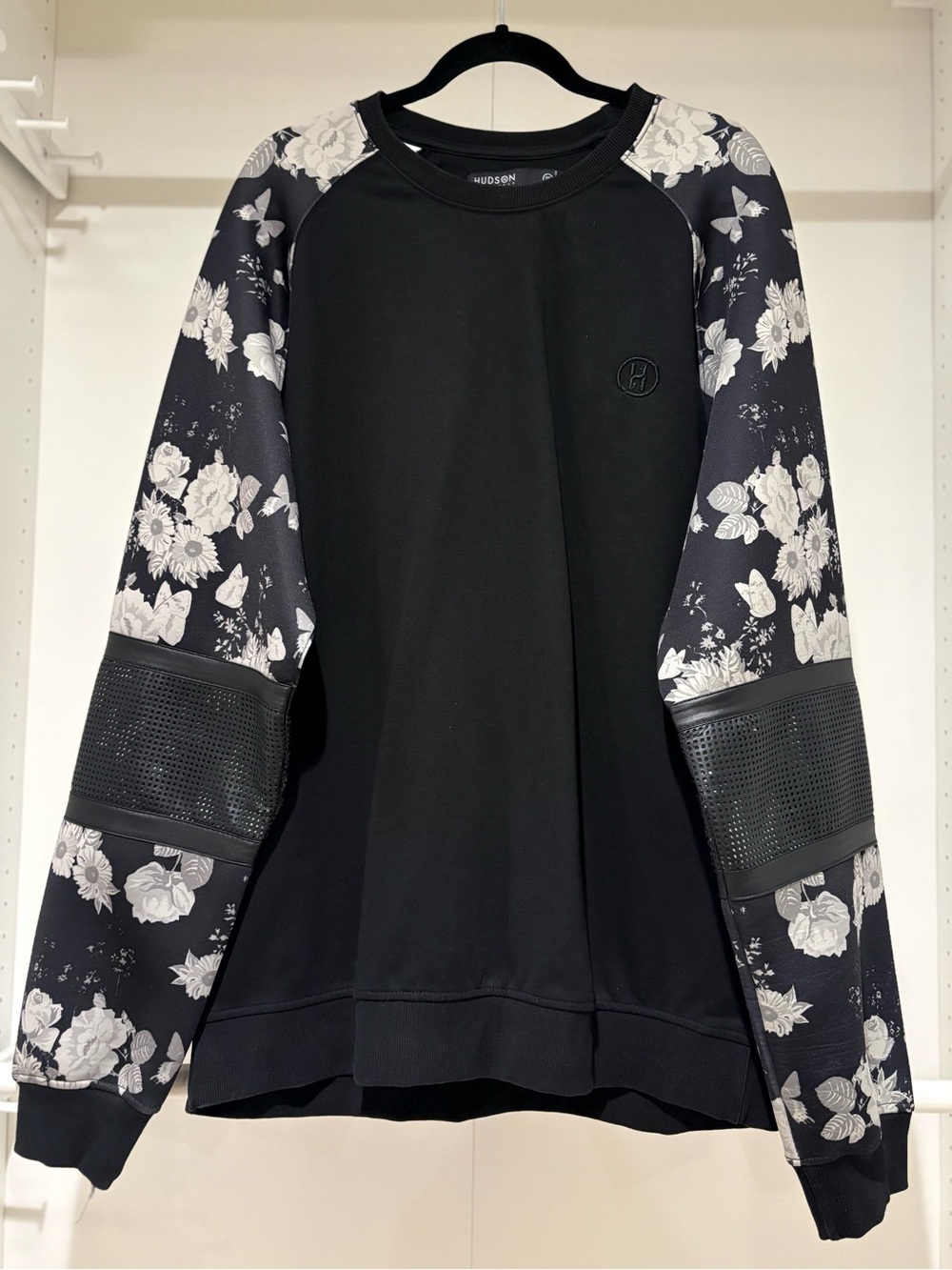 Hudson Jeans Sweatshirt Mens 3XL Black Floral Raglan Moto Sleeve Designer